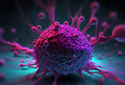Abstract rendering of a tumor and its microenvironment in purple